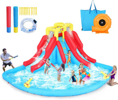 Whubefy Inflatable Water Slide for Kids 3-12, 14.5 x 12.7FT Big Waterslide Bounce House Park with Double Slides Climbing Wall Splash Pool