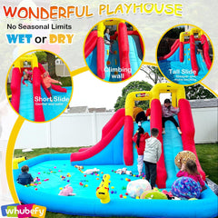 Whubefy Inflatable Water Slide for Kids 3-12, 14.5 x 12.7FT Big Waterslide Bounce House Park with Double Slides Climbing Wall Splash Pool